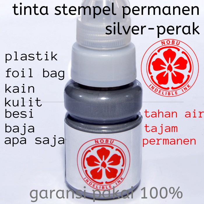 Nobu Ink - silver perak - Tinta stempel permanen ke plastik kemasan label sticker, foil, besi -  tanggal kadaluarsa, expired date, kode produksi