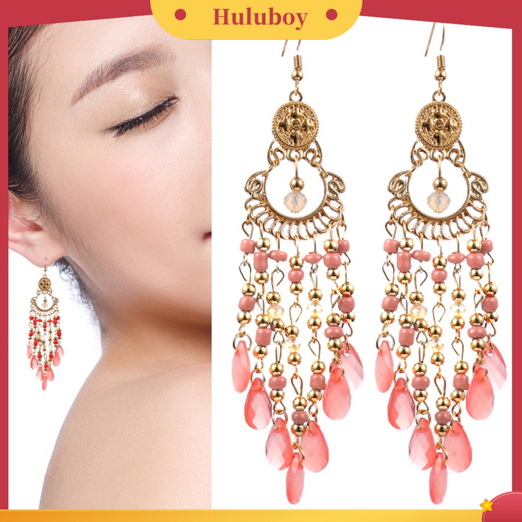 Hu Hu Hu Hu Hu Alat Bantu Pasang Kacamata♡ 1 Pasang Anting Kait Gantung Desain Hollow Hias Manik-Manik + Rumbai Gaya Bohemian Untuk Wanita