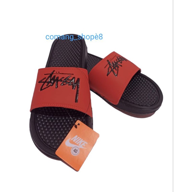 Sandal Sendal Slop Selop Slip On Slide Pria Wanita Cowok Cewek Laki Laki Casual Kekinian Murah NK Stussy Hitam Merah