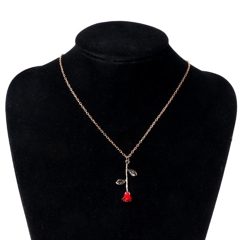 Siy Vintage Beauty and Beast Golden Filled Necklace Perhiasan Dekorasi 3D Mawar Merah Liontin Kalung Pesta Nikmat Perempuan G