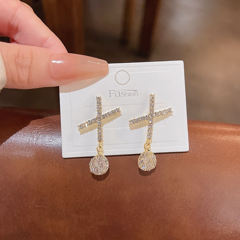 Anting Tusuk Gantung Sterling silver 925 Desain Salib Hias Kristal / Berlian Untuk Wanita