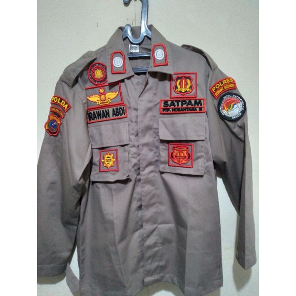 baju PDL satpam coklat lengkap satu set bordir timbul, baju security coklat