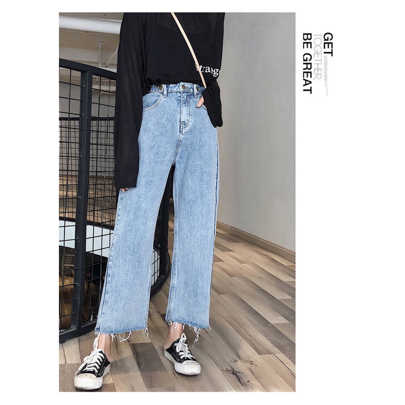 Celana Denim Wanita Lurus Longgar Baru Lebar Kaki Tinggi Pinggang