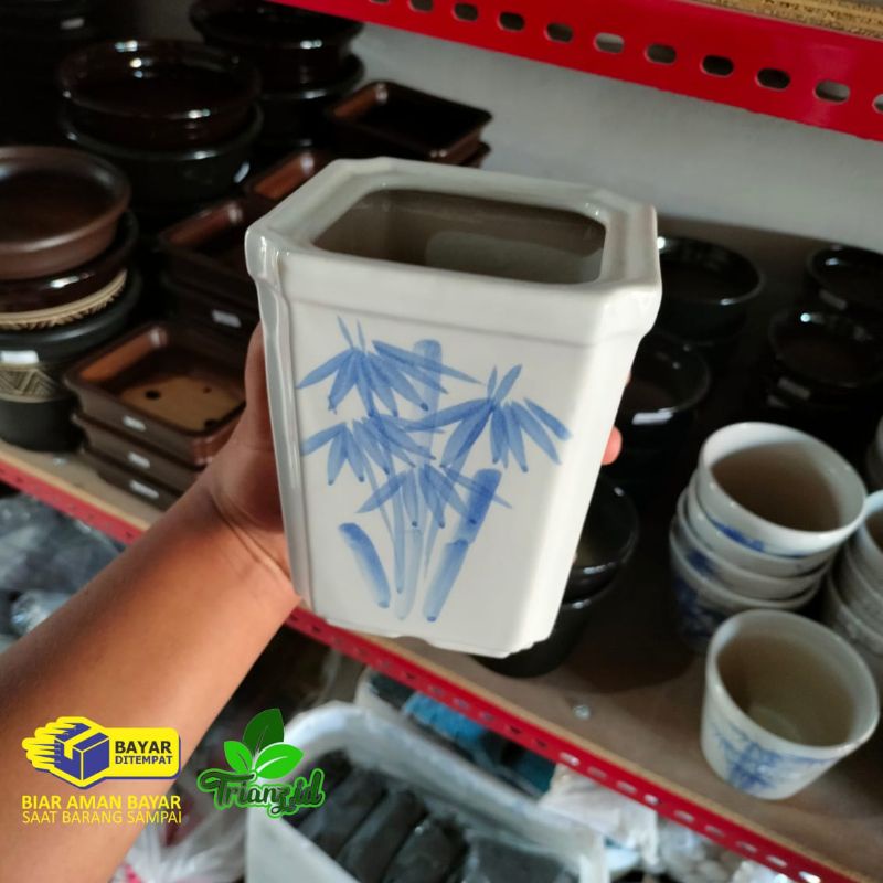 pot bonsai kotak tinggi keramik motif bambu putih ukuran 15