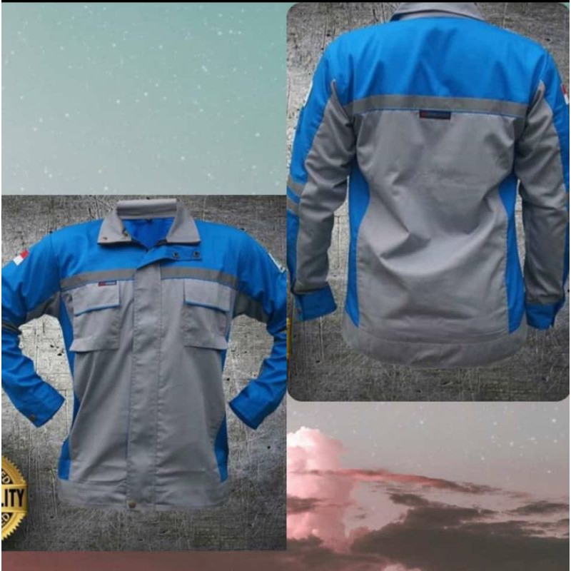 BAJU SERAGAM SAFETY SEMI JAKET FREE LOGO K3 BENDERA KAIN DRILL BIRU ABU