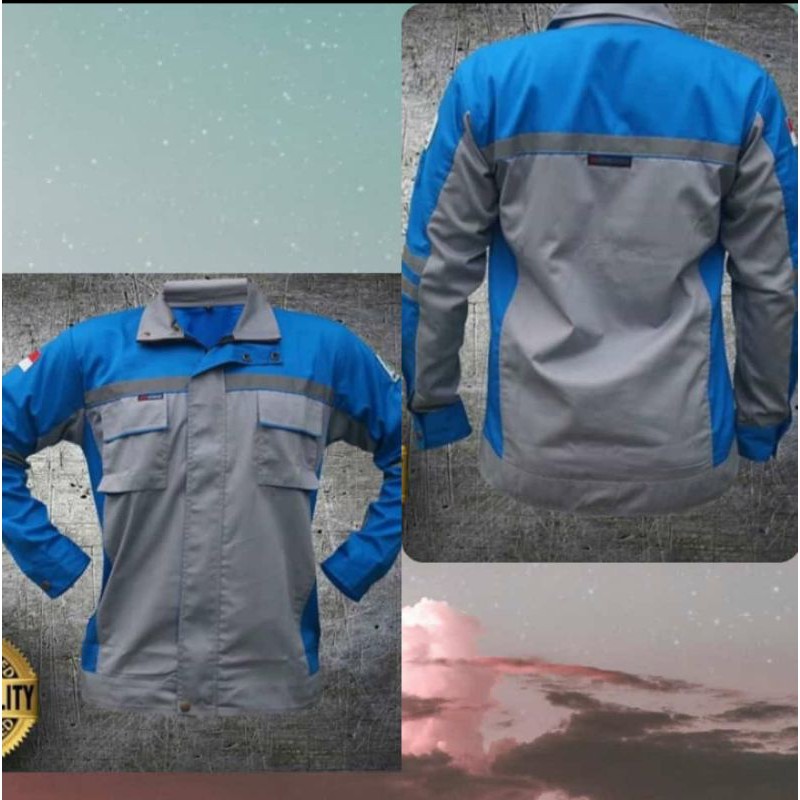 BAJU SERAGAM SAFETY SEMI JAKET FREE LOGO K3 BENDERA KAIN DRILL BIRU ABU