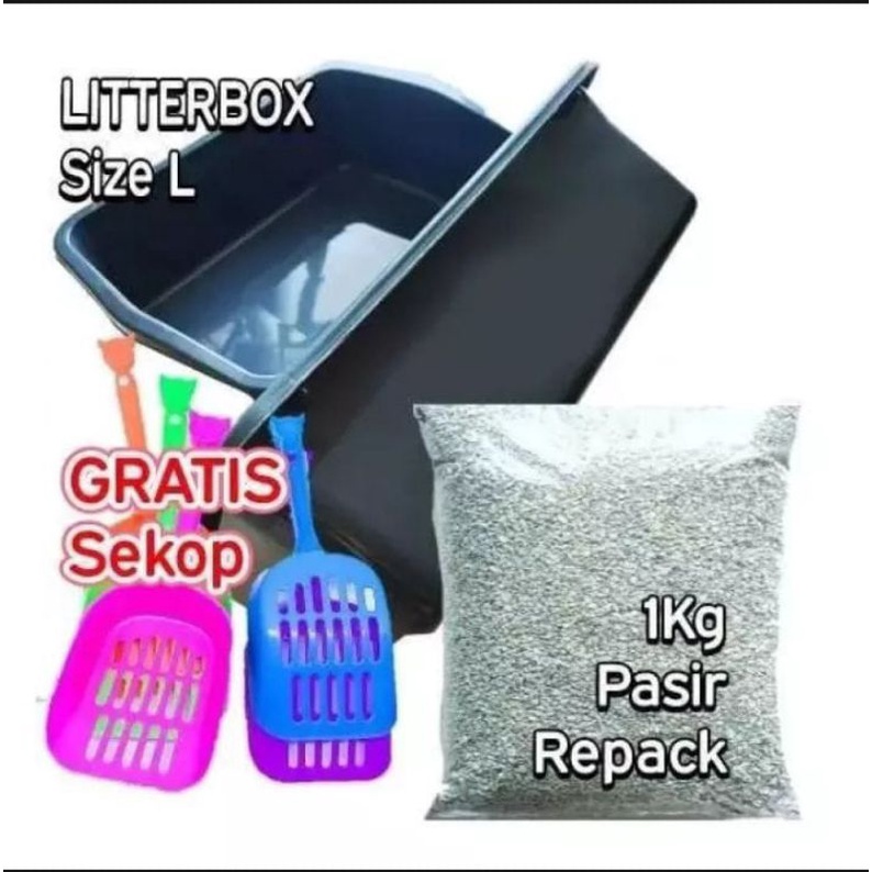 Liter box ukuran L+Pasir repak 1 kg+Serokan