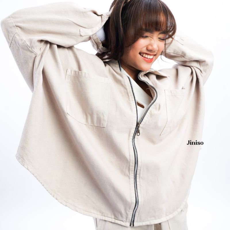 JINISO Fuji Jaket Jeans Oversize zip khaki