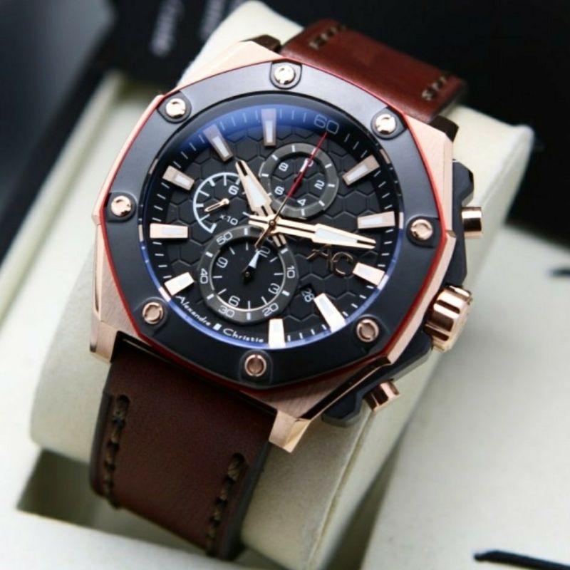 Alexandre Christie Original AC9601 Jam Tangan Pria Tali Kulit coklat rose gold