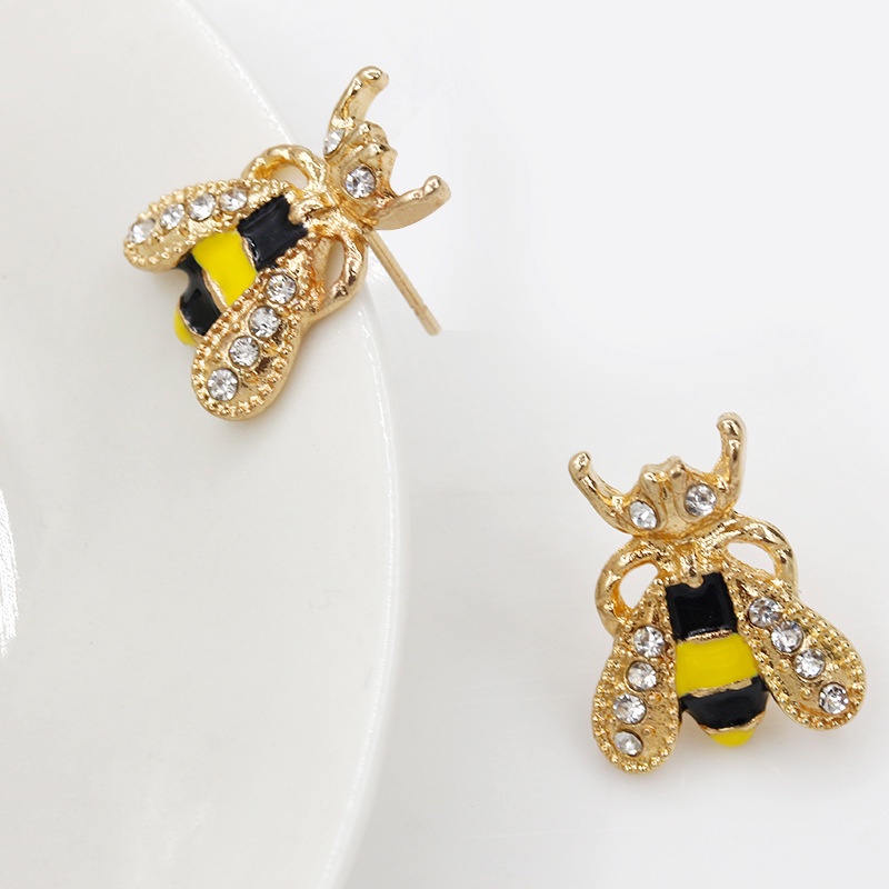 Korean version of ear jewelry fashion sweet temperament colorful glaze dripping oil diamond bee earrings rhinestone earrings