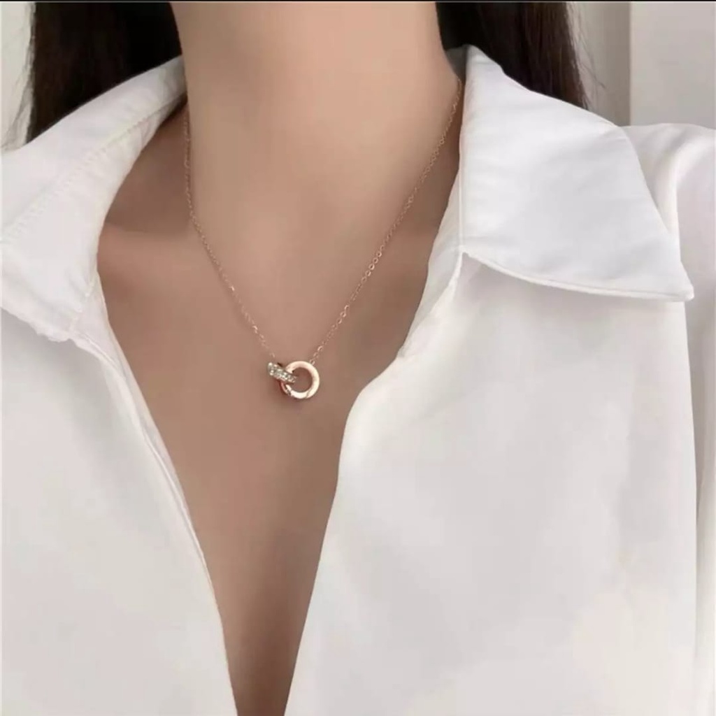 KALUNG TITANIUK WANITA DOUBLE CINCIN ROMAWI ANTI KARAT FASHION KOREA