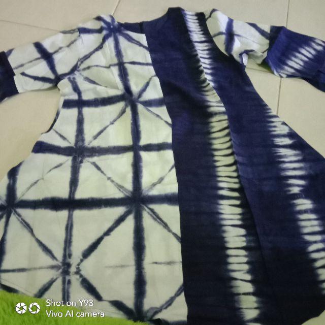 Tunik Asimetris Shibori Batik Handmade Segitiga Warna Batik Midi Seragam Kantor Muslim Pesta Modern