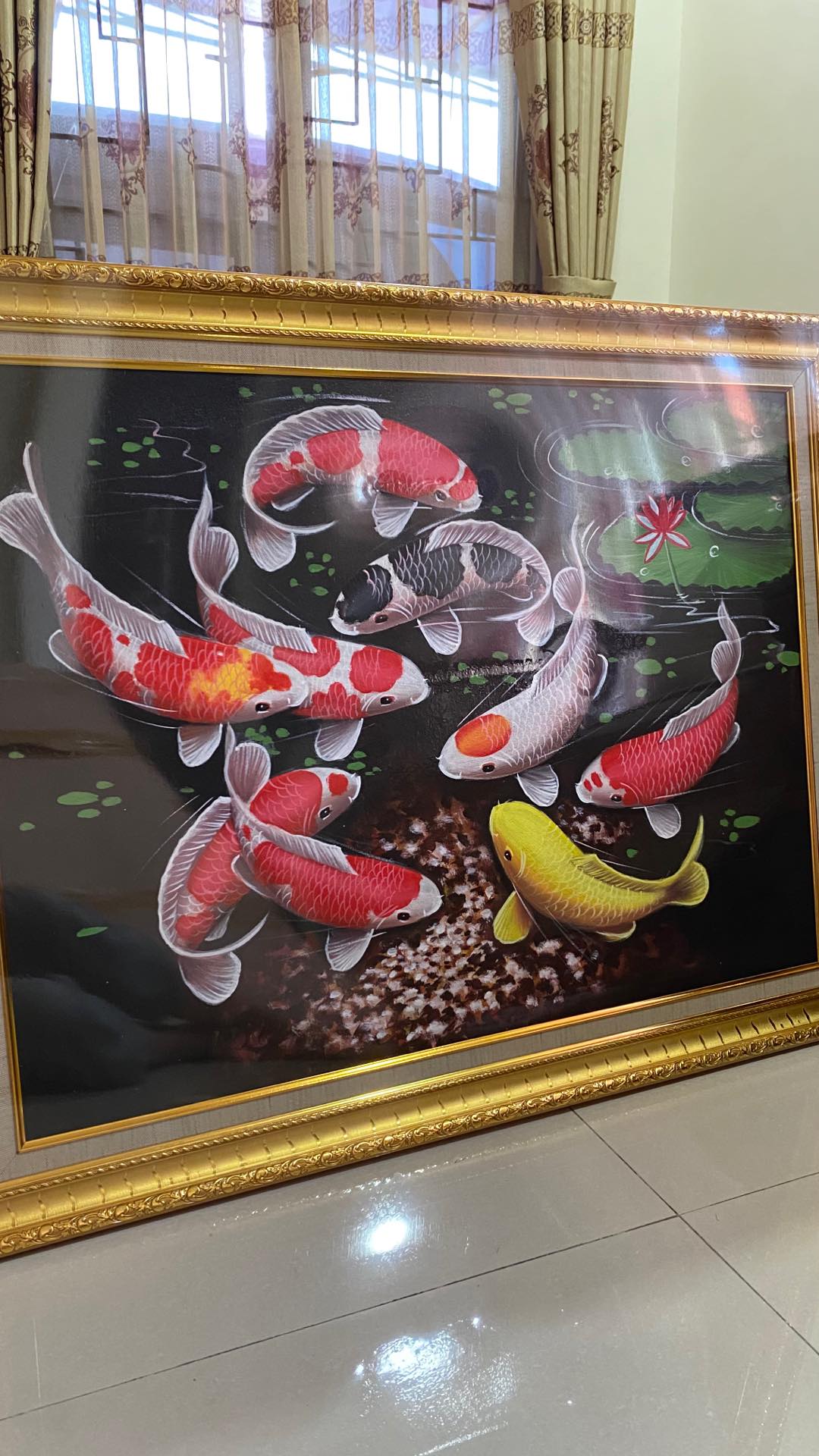 Lukisan Ikan Koi Fengshui 9 Ekor Unik Minimalis Kanvas Ukuran 60x80 Cm