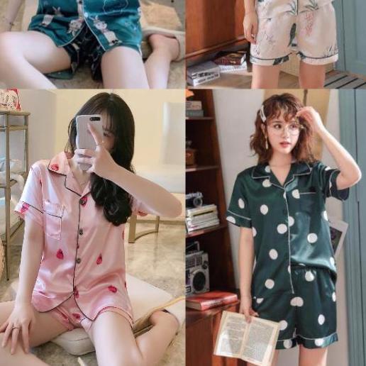 ℮ baju tidur satin import piyama satin motif baju tidur celana pendek pajamas satin HP ☚
