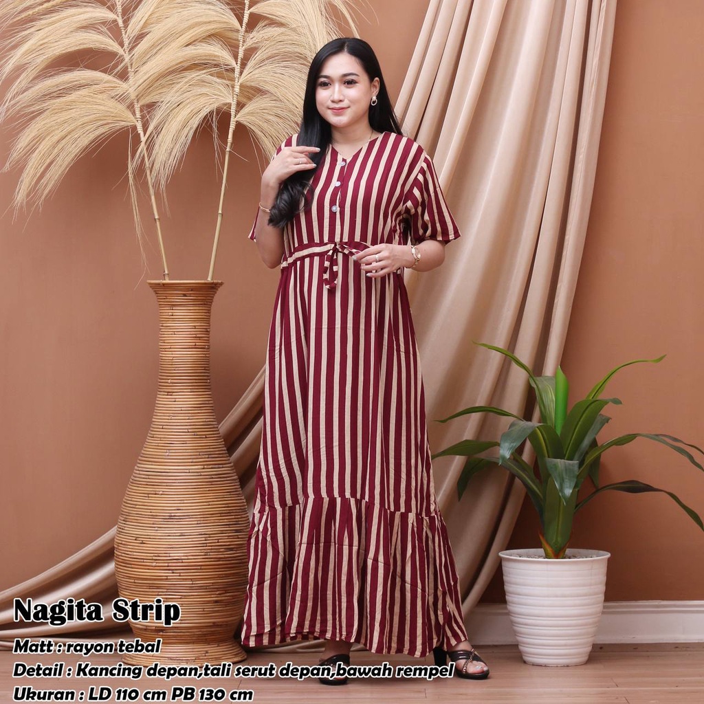 Nagita Strip Home Dress Korean Terbaru Bahan Rayon