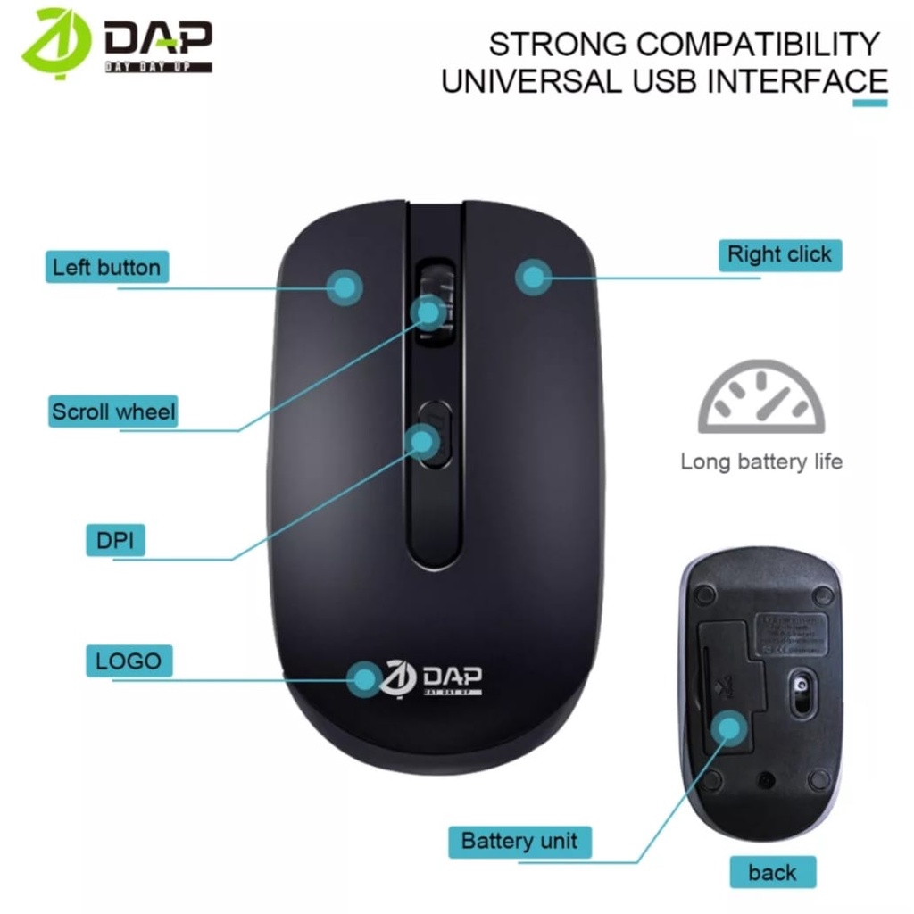 Mouse Bluetooth Wireless DAP W017 2.4GHz Silent Optical Wired 1200DPI Original Free Baterai-Mouse Bluetooth Wireless PC Komputer-Laptop-Windows,Linux.Mac Os Silent