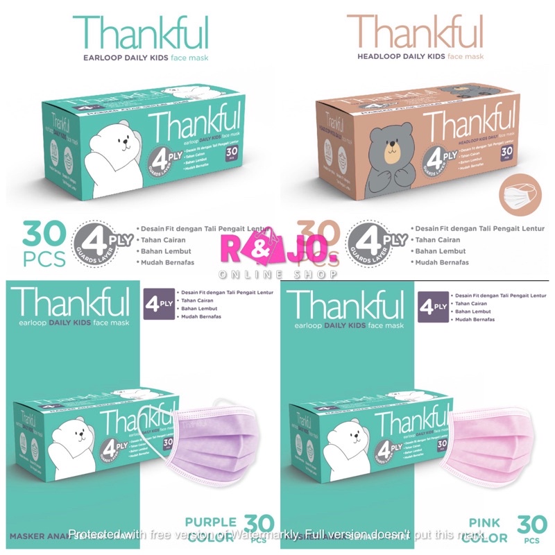 Masker Thankful Face Mask Kids Earloop 30 pcs