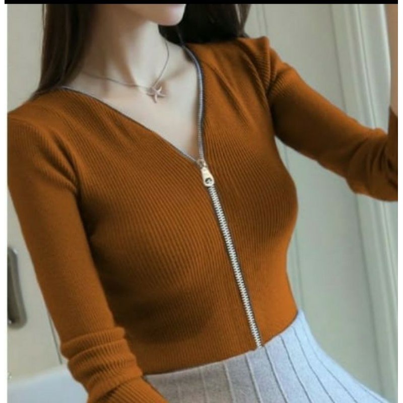 atasan sweater rajut slim ziper