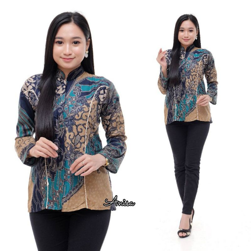 BATIK WANITA ATASAN KANTOR MODERN MONALISA GENES M,L,XL,XXL asli PEKALONGAN-BK Cap Tosca