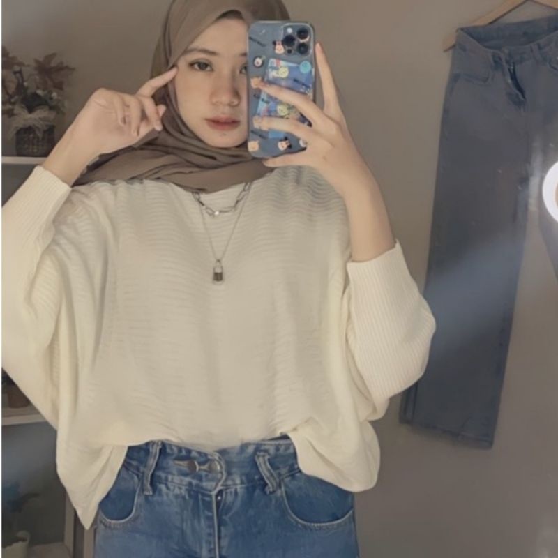 Sabrina Batwing Blouse Rajut Wanita Premium | Laperal Batwing Rajut | Baju Rajut Kalong Wanita Impor