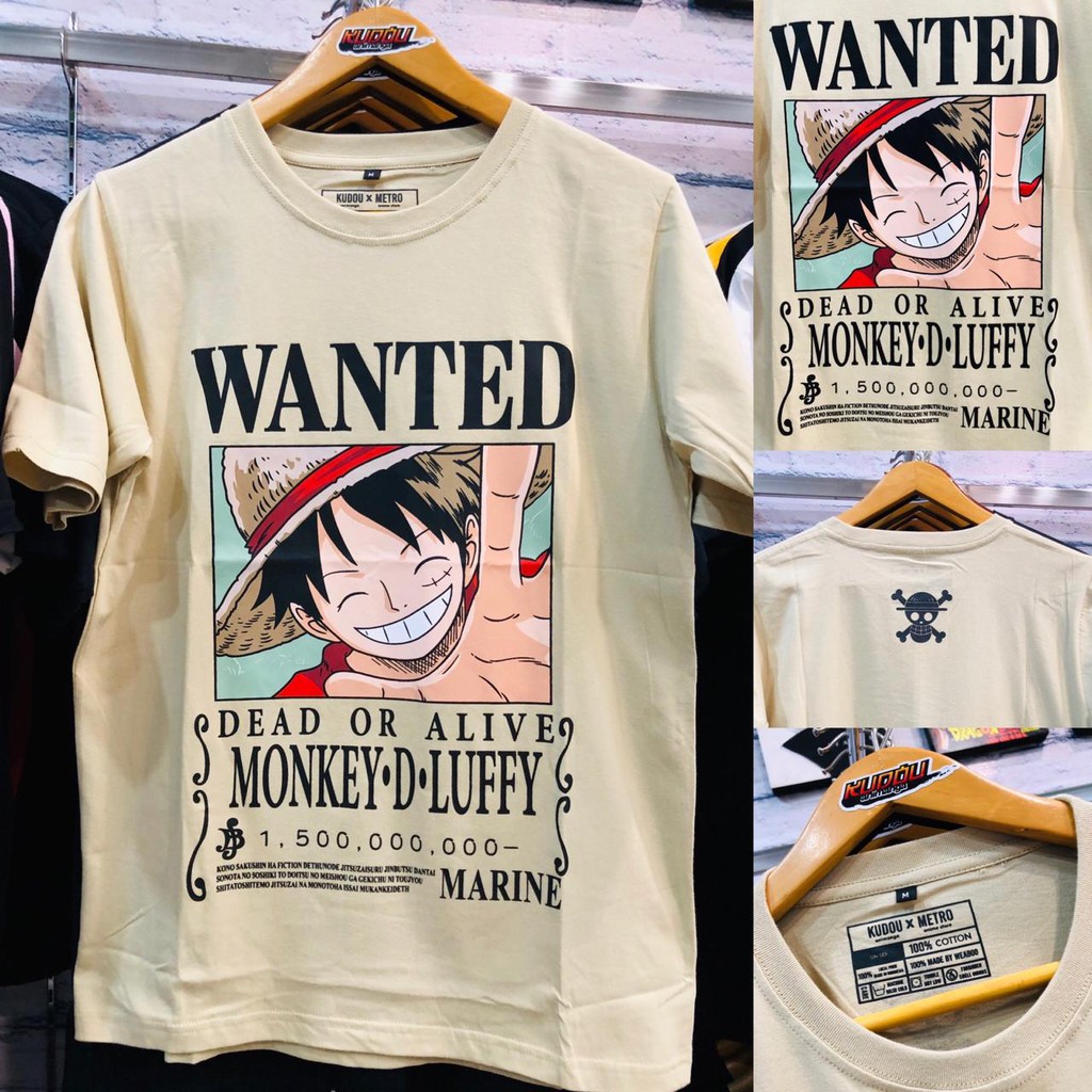 Tshirt Luffy Wanted Bounty Onepiece Warna Cream Cotton Premium