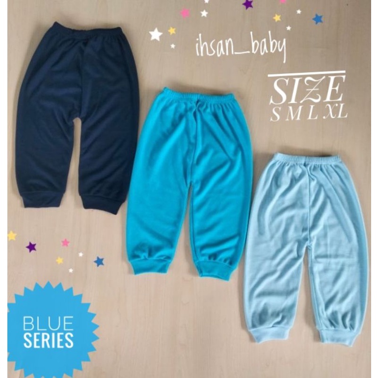 3 pcs celana panjang bayi polos seri biru ukuran S M L XL