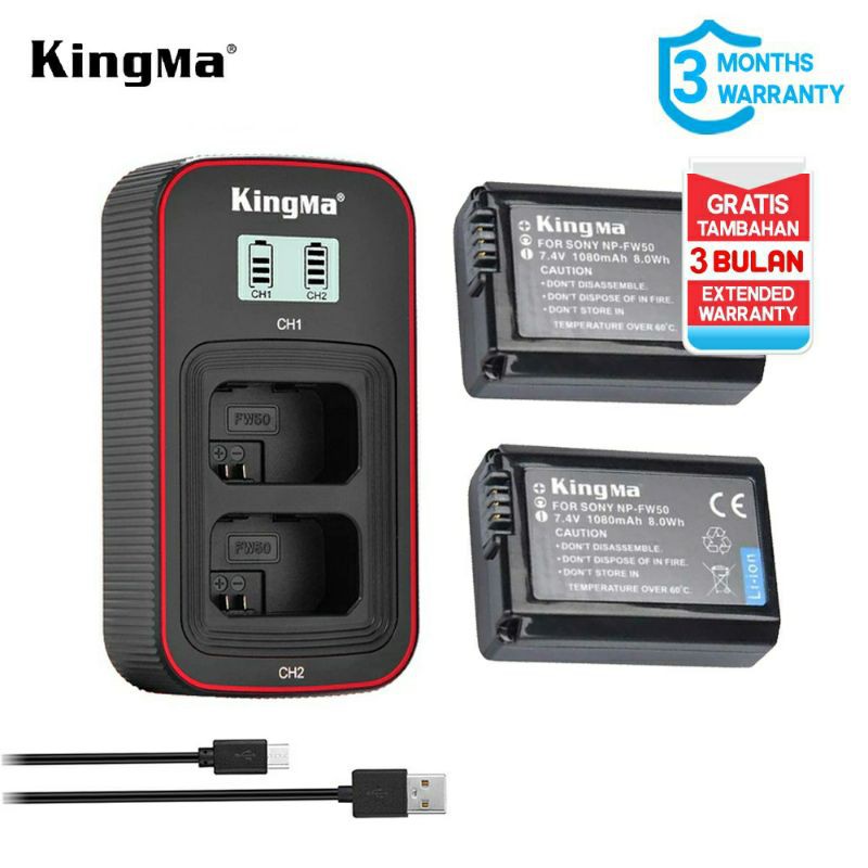 KINGMA Baterai  Sony 2-pack NP-FW50 and Dual Charger LCD - Quick Charge