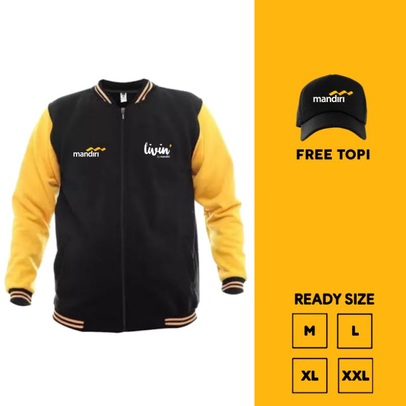 Jaket Varsity Zipper Logo LIVIN By Mandiri - Jaket Bank Mandiri - Jaket BUMN Free Topi