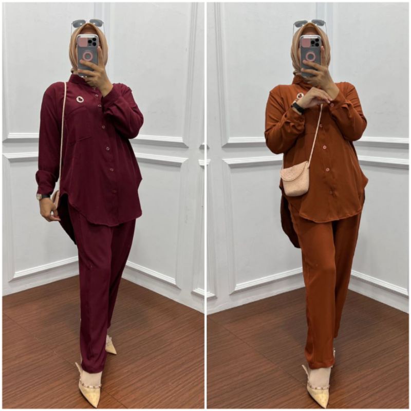 BISA COD AZKIYAHIJAB29 ONESET BOTEGA KEMEJA PANJANG SETELAN PAJAMAS POLOS SETCEL CELANA KULOT SHAKIL