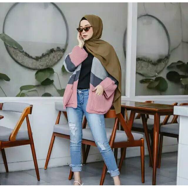 MAHERA CARDIGAN | CARDIGAN RAJUT KOMBINASI 3 WARNA | TRITONE COMBI CARDIGAN | KARDIGAN STRADIVARIUSE