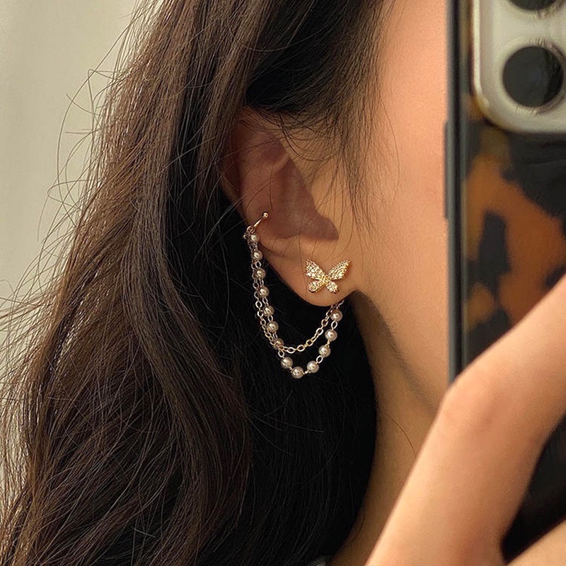 Anting Tusuk Model Kupu-Kupu Dengan Rantai Metal Gaya Korea Untuk Wanita Butterfly