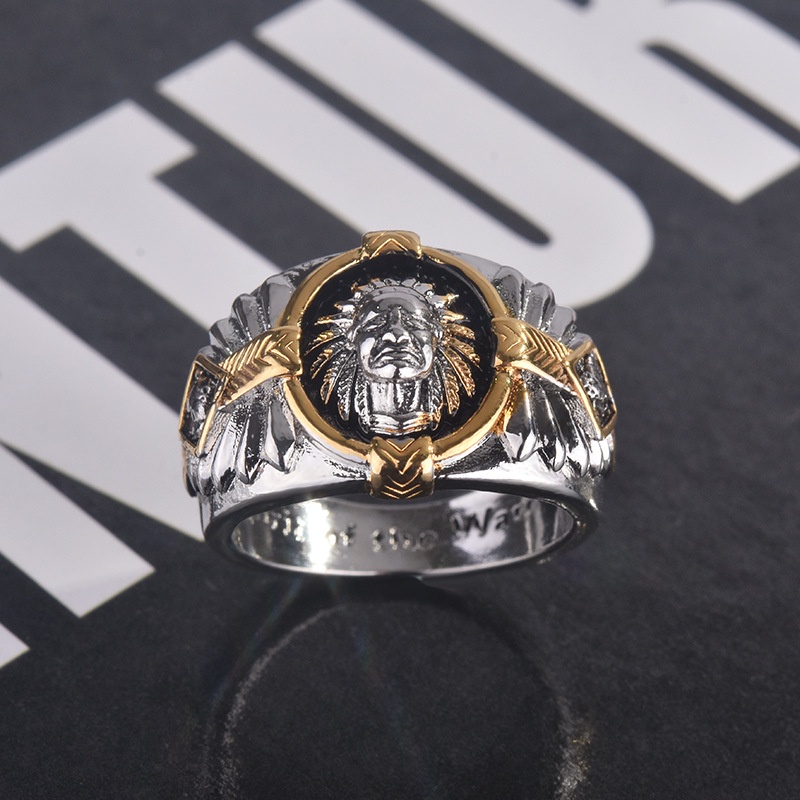 Cincin Bahan Stainless Warna Hitam Gaya Hip Hop Viking Warrior Indian Spirit Epoxy