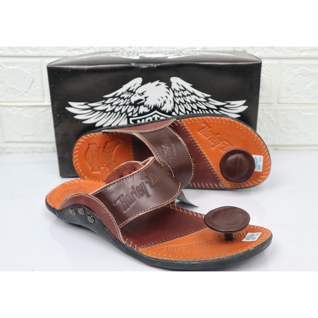 Terbaru Sandal Pria Kulit Sapi Asli Harley Davidson Real Leather Cow Sendal Jepit Jamur Casual Pria