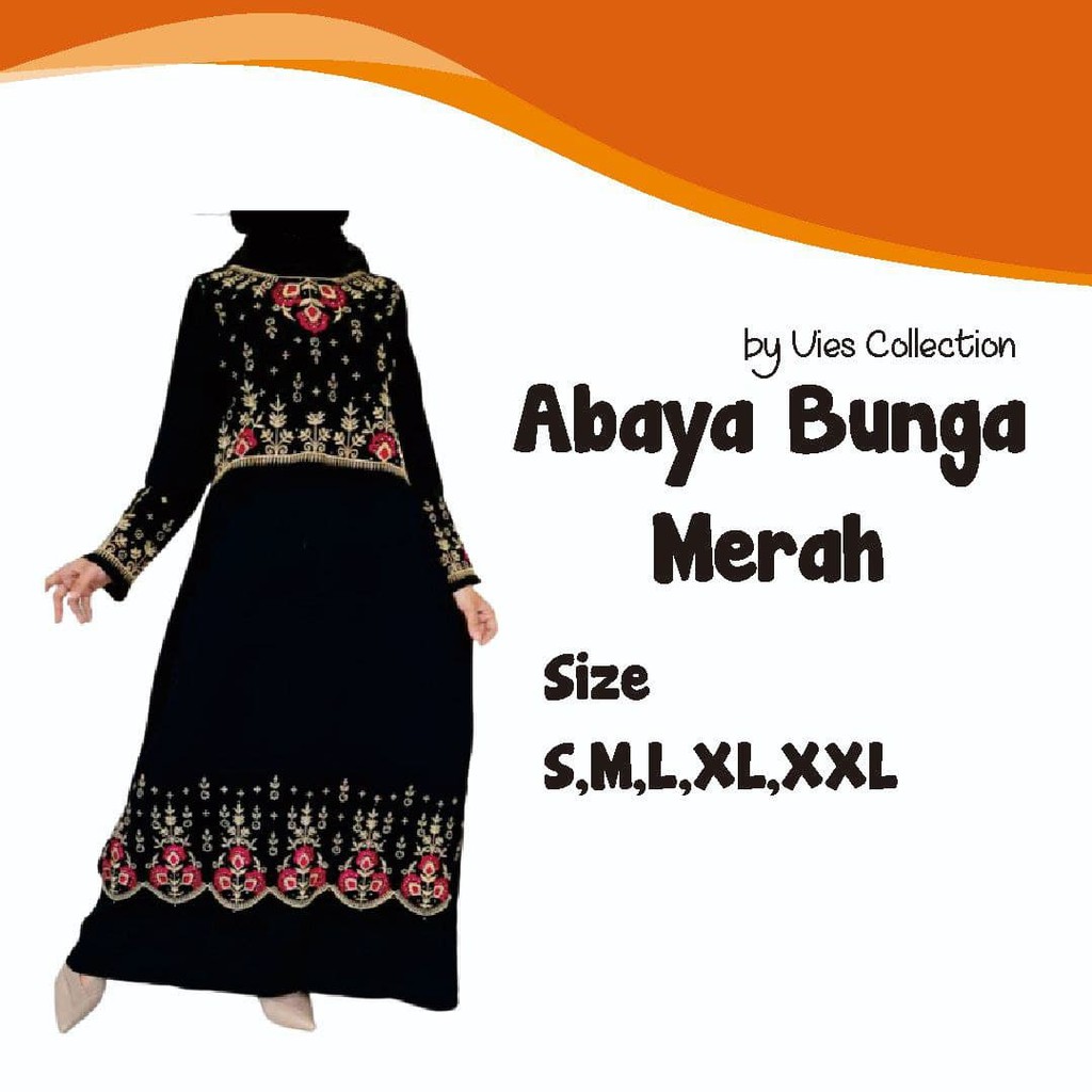 Gamis Abaya Hitam Arab Saudi Jetblack Bordir Bunga Merah