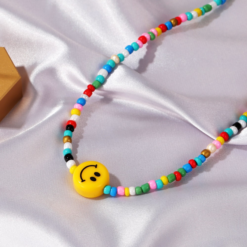 Kalung Smiley Berwarna-warni Kartun Yang Lucu Rantai Klavikula Manik-manik Resin Pelangi Baru Aksesoris Fashion Gadis Smiley Sinar Matahari