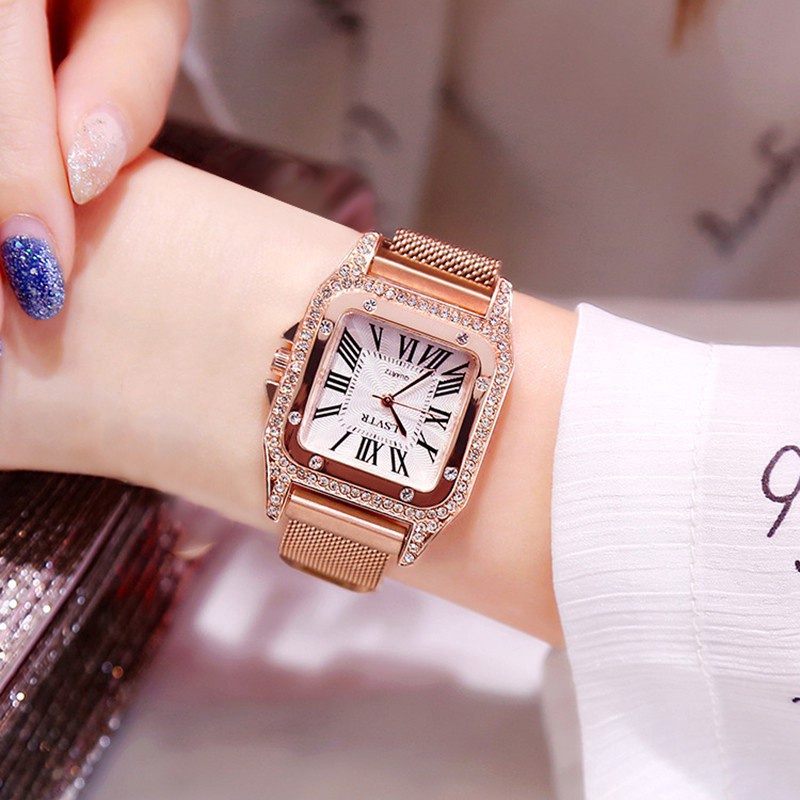 (BW) JAM TANGAN WANITA Magnet kotak  DIAMOND ANALOG CASUAL RANTAI MURAH CT-175