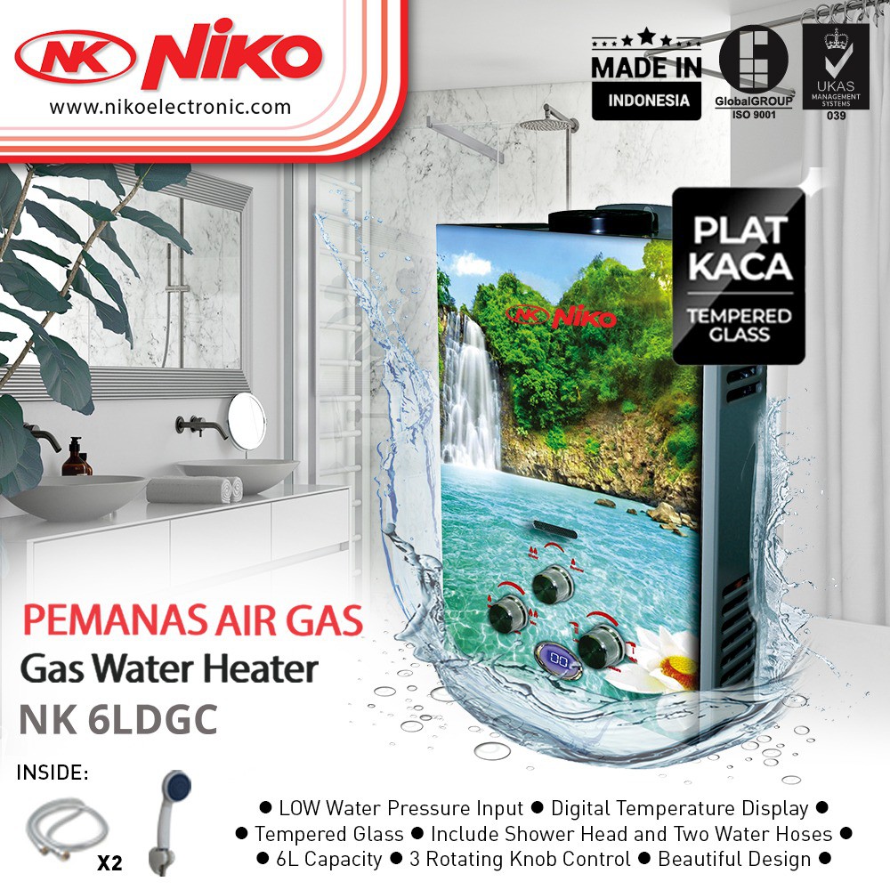 Water Heater Gas Niko NK-6LDGA/B/C/D Digital LED Display Motif (KACA) - NK-6LDGA