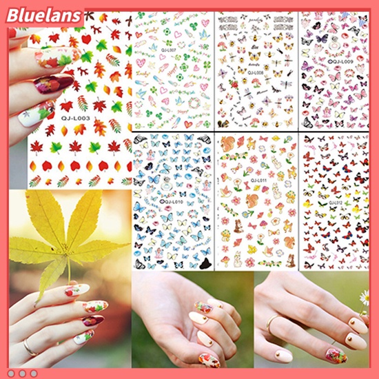 Bluelans Stiker Nail Art Manicure Desain Daun Maple Bunga Butterfly