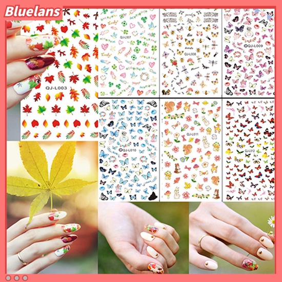 Bluelans Stiker Nail Art Manicure Desain Daun Maple Bunga Butterfly