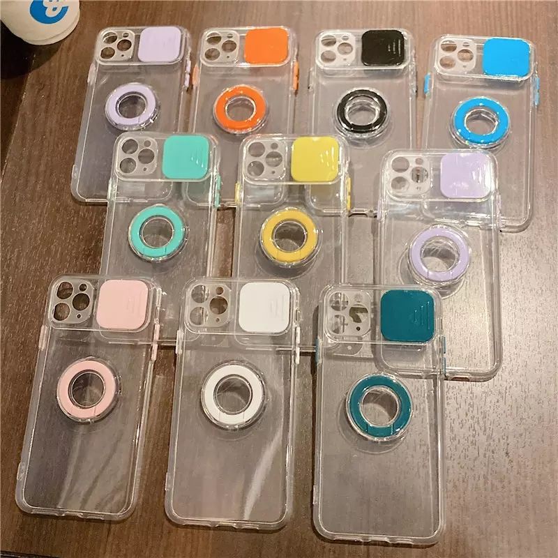 Cute Camera Slide Ring Stand Pastel Clear Case iPhone 7 8 + SE 2020 X Xs Xr 11 12 13 Mini Pro Max