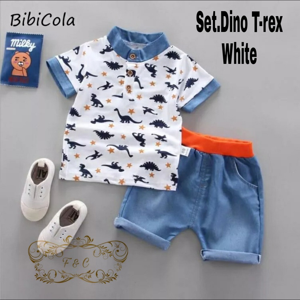 Setelan baju anak murah Set Dino T-rex kid 3w set stelan anak laki-laki terbaru Baju anak sehari hari usia 3 4 5 TAHUN FD