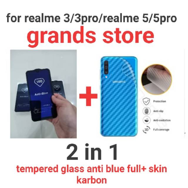 (2in1)Tempered glass Antiblue full+skin carbon realme C1/C2/C3/C11/C12/C15/C17/3/3pr/5/5i/5s/5pr/6/7