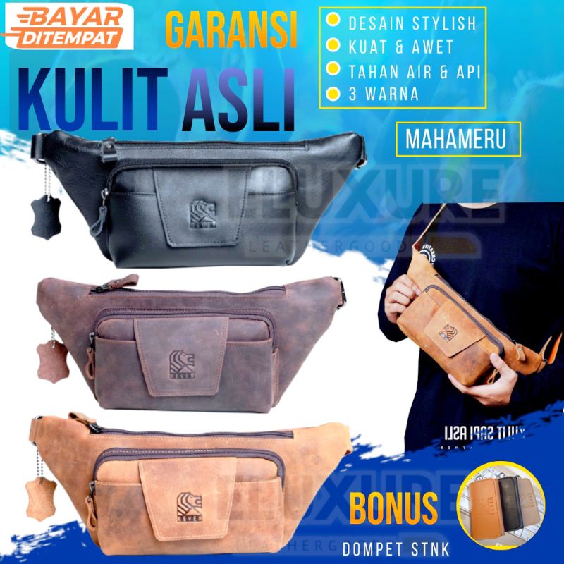 Tas Pinggang pria kulit asli original premium crazy horse tahan air hujan api reven aaron mahameru