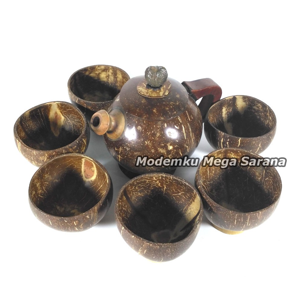 Sett Teko + Gelas Cangkir Batok Kelapa Polos Natural Non Handle LF02