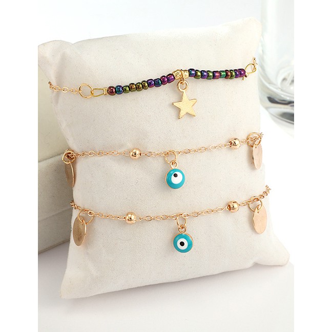 LRC Gelang Kaki Fashion Gold Mizhu Alloy Disc Eyes Hollow Star Multi-layer Anklet D09307