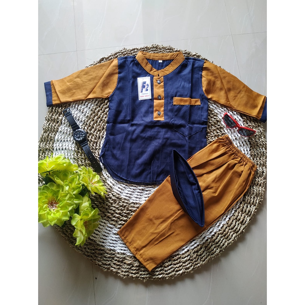 Baju Muslim Anak laki-Laki Lengan Panjang Bahan Toyobo Polos Kombinasi Warna 1-12 Tahun