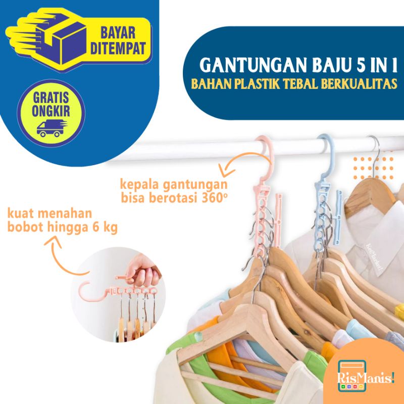 5 IN 1 ROTATABLE HANGER Gantungan Baju 5 Lubang Kapstok Putar Ajaib Hemat Tempat Rotasi 360 Derajat