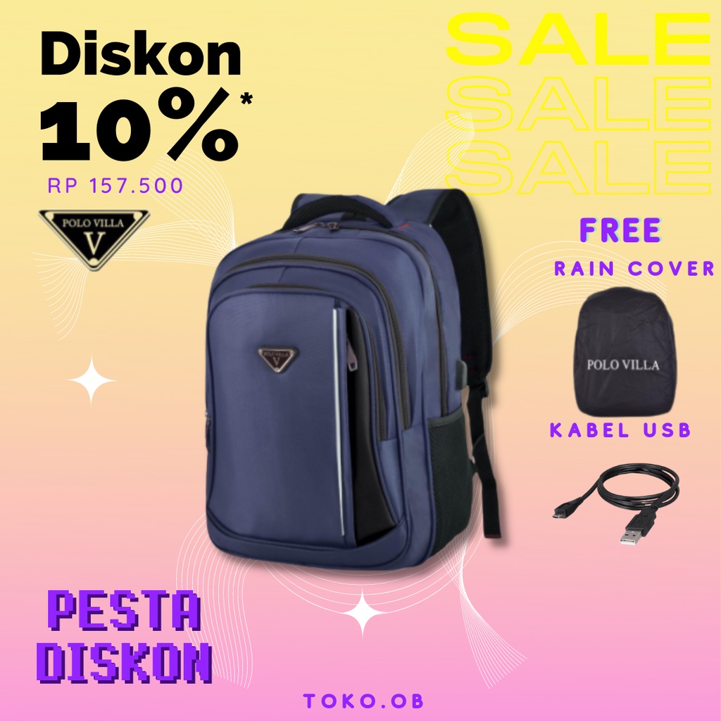 (Toko OB) Tas Murah Sekolah Polo Villa 14088 Tas Backpack Stylish (Free Rain Cover + Kabel Extension USB)