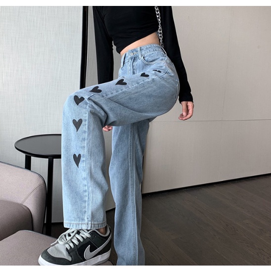 LOVE High-waist Lurus-kaki Celana Jeans Wanita