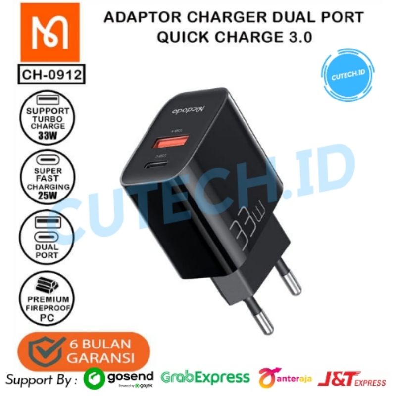 MCDODO ADAPTOR CHARGER 33W USB + TYPE C DUAL OUTPUT VOOC FAST CHARGE POWER DELIVERY